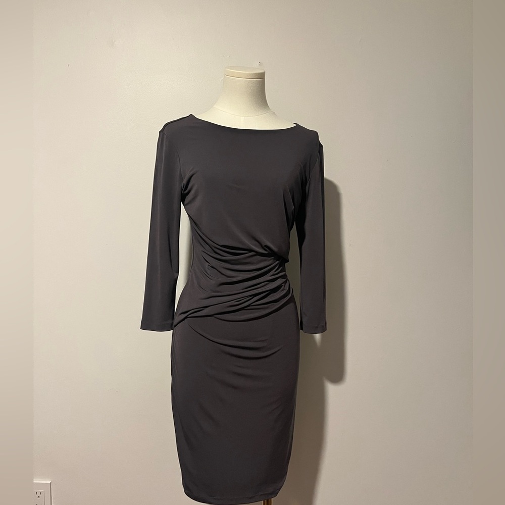 Graham & Spencer Ruched Charcoal Dress Minimalist Body-Skimming / 3/4 Sleeve